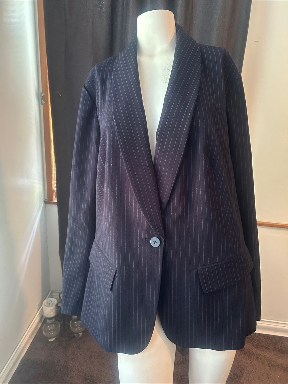 Lane Bryant Classic Navy Pinstripe Single-Button Blazer